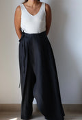 Black 2-in-1 linen skirt and pants made from organic Japanese linen, handmade and curated by Nathalia Ojeda | iiwa kashi