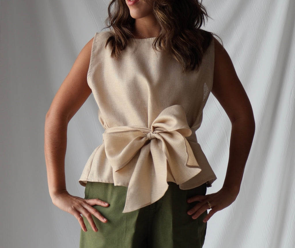 Close-up of pure Japanese linen fabric showing texture and quality of Lazo Top