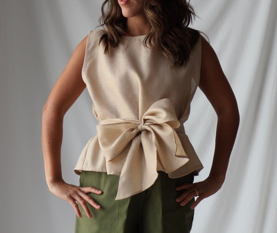 Close-up of pure Japanese linen fabric showing texture and quality of Lazo Top