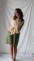 Lazo Top in pure Japanese linen by Nathalia Ojeda, modeled in golden tone, full outfit view