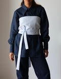Navy linen shirt and baby blue corset set made from organic Japanese linen, handmade and curated by Nathalia Ojeda | iiwa kashi