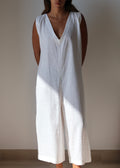 White linen jumpsuit made from organic Japanese linen, handmade and curated by Nathalia Ojeda | iiwa kashi